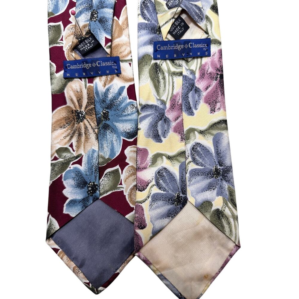 Cambridge Classics Silk Floral Necktie Lot Italy Burgundy Yellow 90s